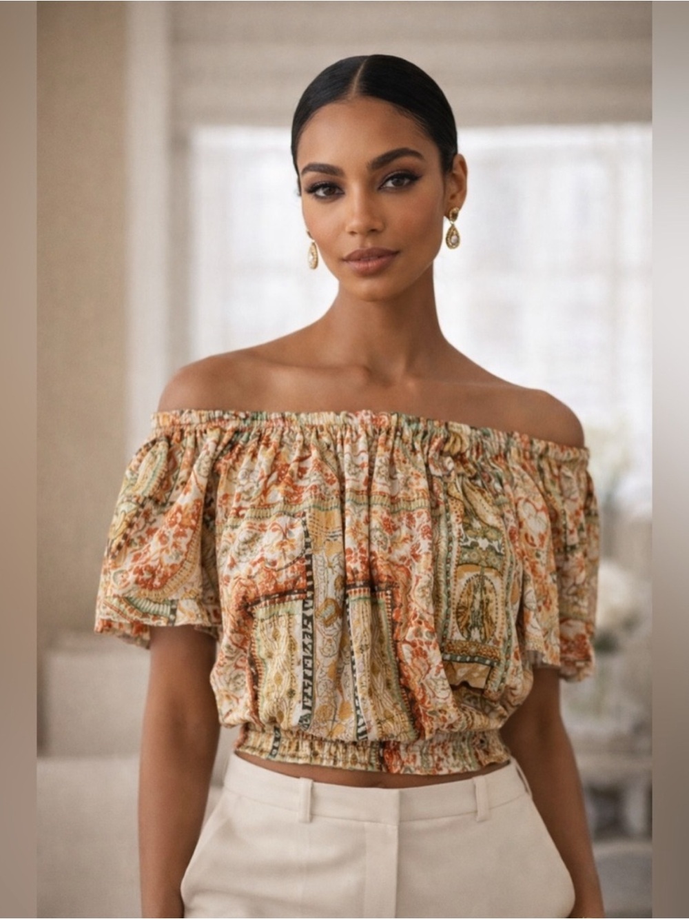 NWT Rachel Zoe Boho Print Off-the-Shoulder Crop Top, Boho Summer, Size Small